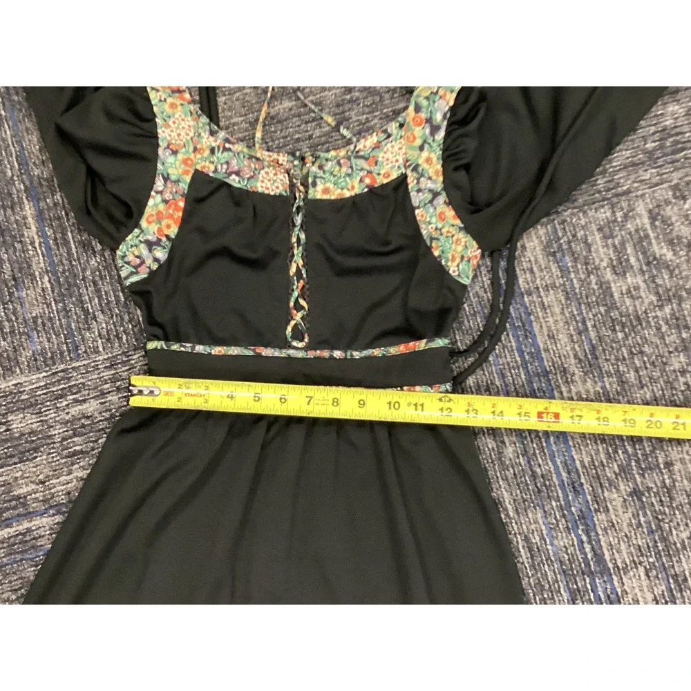 Vintage 70s Kids Black Floral Prairie Dress Lace Up Ruffle Hem Size 5
